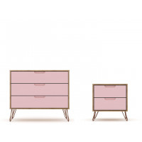 Manhattan Comfort 104GMC6 Rockefeller Mic Century- Modern Dresser and Nightstand with Drawers- Set of 2 in Nature and Rose Pink
